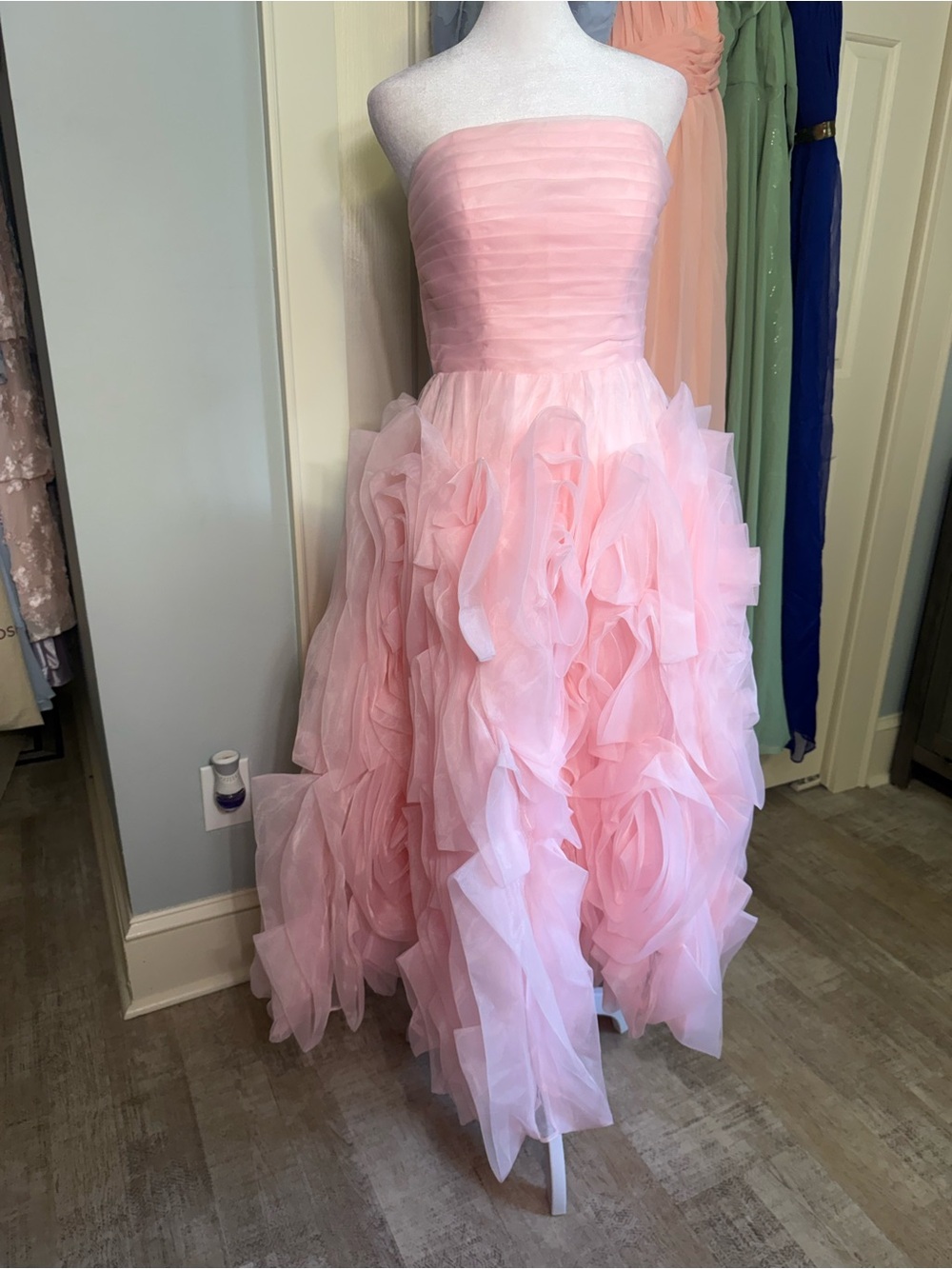 Strapless Pink Ruffle Tea-Length Dress - Picture 2 of 3
